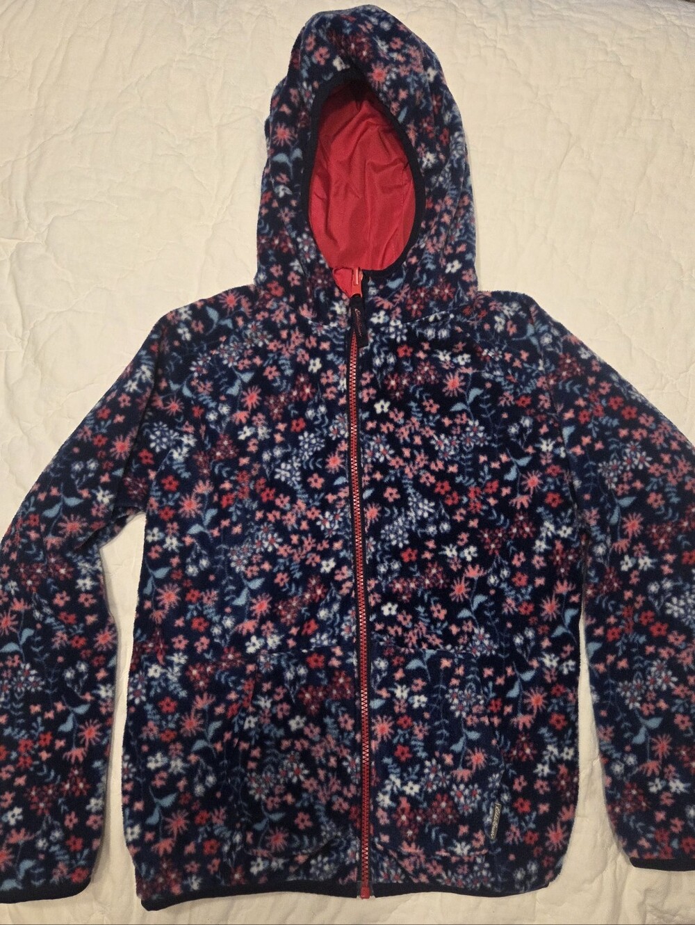 Eddie Bauer Kids Reversible Hooded Fleece Jacket Floral Pink Navy Medium 10/12